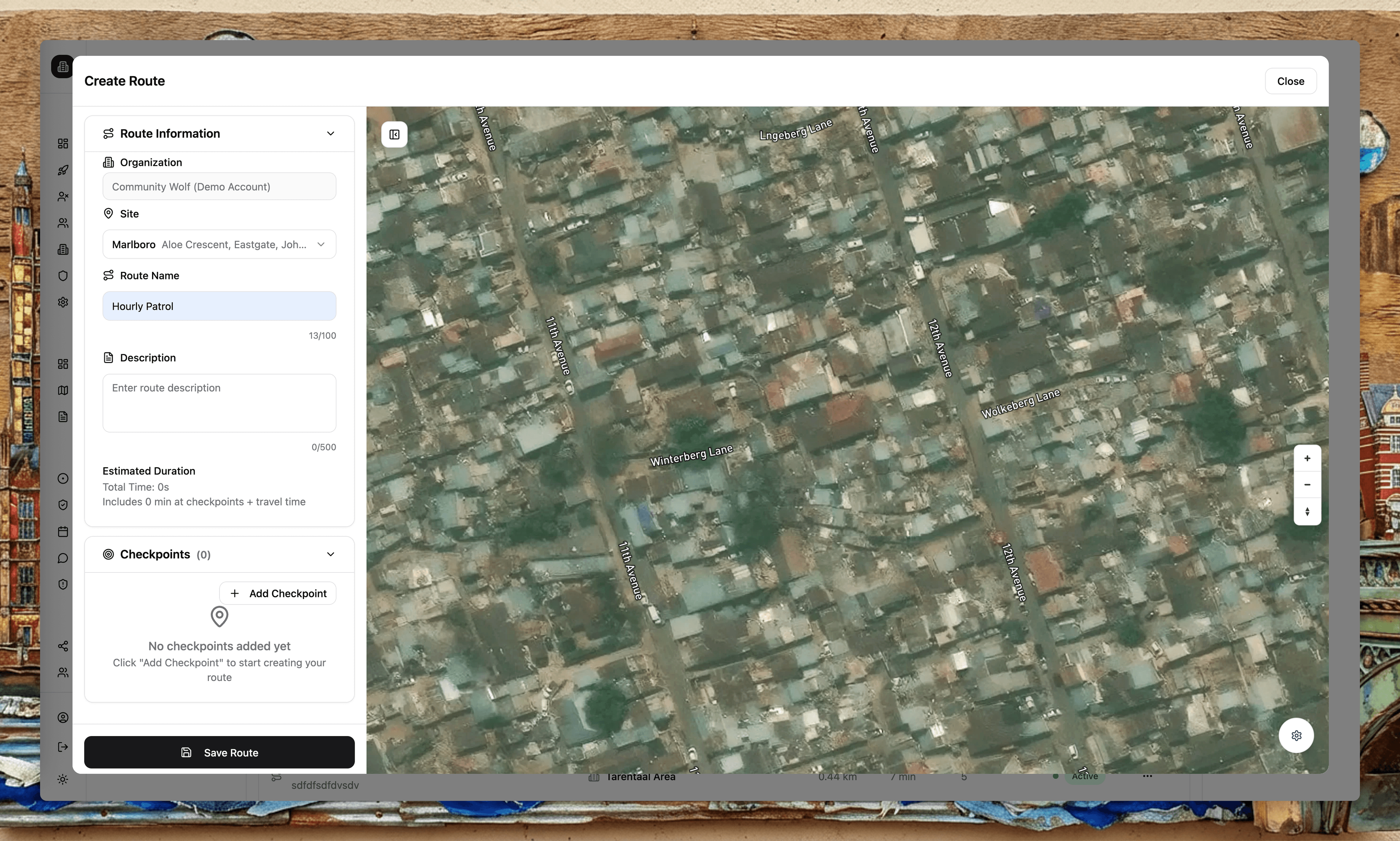 Patrol route map + checkpoint status
